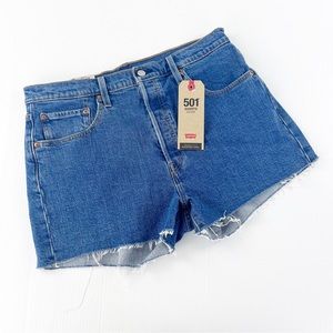 Levi's 501 High Rise Cut Off Frayed Blue Denim Jean Shorts